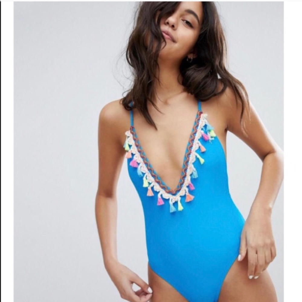 South Beach Women's Blue Tassel Plunge Swimsuit